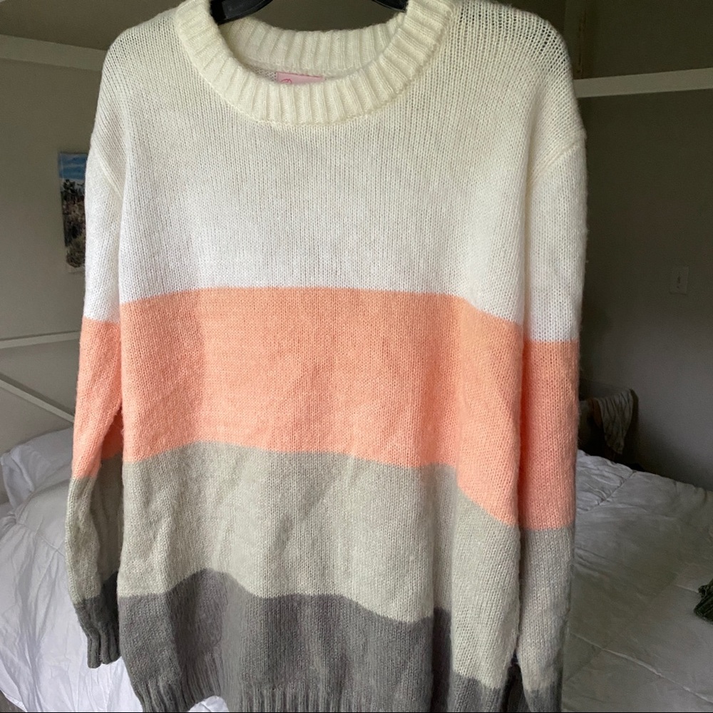 White, Pink, and Grey Striped Sweater